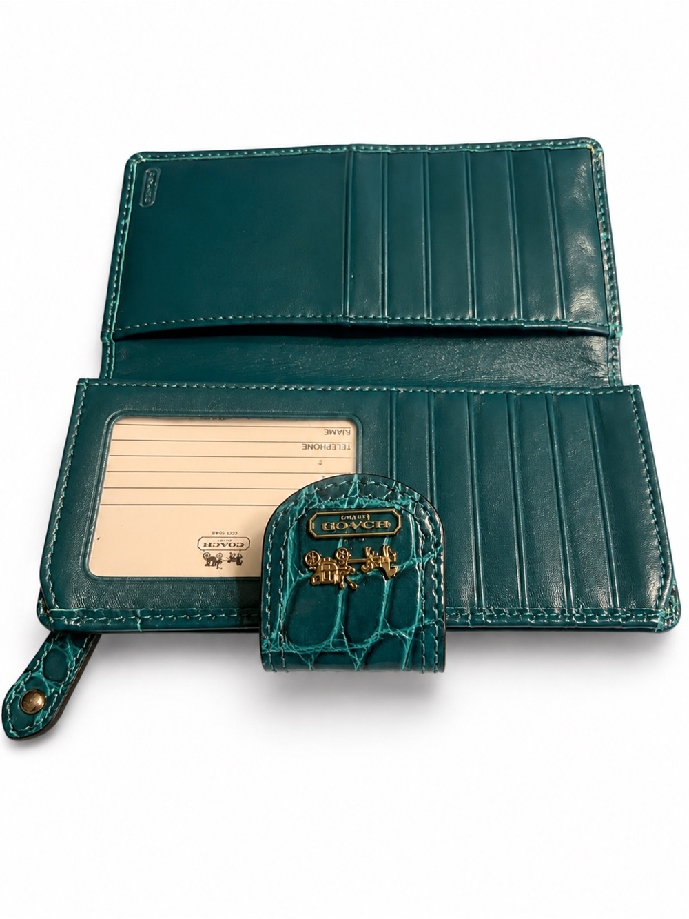 Coach Teal Croc-Embossed Leather Continental Wallet with Gold Tone Logo - Picture 5 of 11